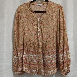 Elings Floral Button-Up Blouse Women's XL V Neck Elastic Cuff Viscose Tan Pink